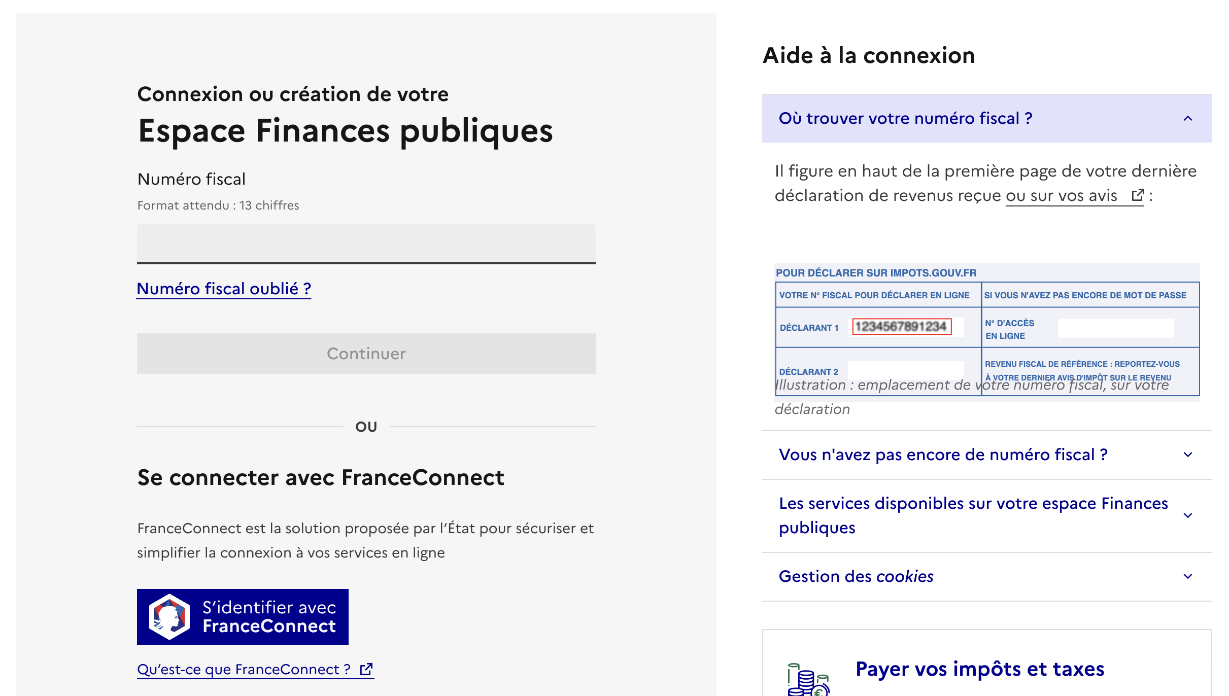 Authentification à l'espace Finances Publiques